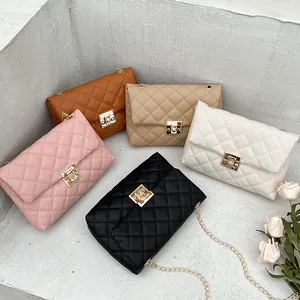 Women Quilted PU Leather Chain Shoulder Bag Fashion Metal Lock Crossbody Bag Small Square Bag For Daily Dating Party Lady
