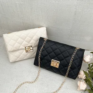 Elegant quilted chain crossbody bags in beige and black with golden metal twist locks