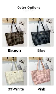 Detailed grid view of tote bags in brown, blue, beige, and pink with flower patterns