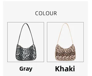 Détail des sacs hobo imprimé léopard en gris et kaki avec une forme de croissant