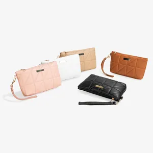 Women Fashion Triangle Quilted PU Leather Wristlet Handbag Mini Square Mobile Phone Bag Clutch Zipper Purse Small Coin Pouch