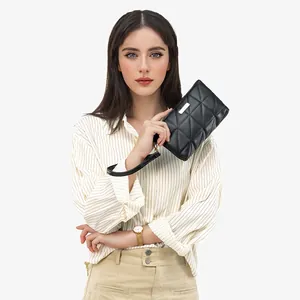 Fashionable black quilted ladies handbag with triangle embroidery and silver metal plate