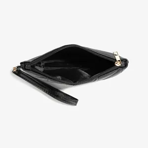 Quilted black mini handbag for ladies with triangle embroidery and golden zipper