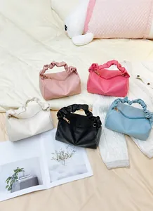 Litchi pattern PU leather mini pillow bags with gathered handles in multiple colors
