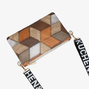 Retro geometric color-block crossbody bag with crocodile texture and wide strap