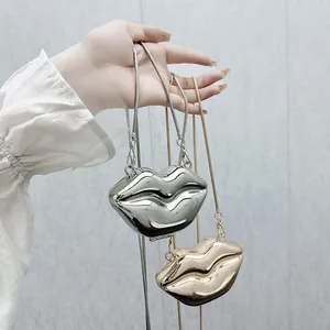Chic lip-shaped mini chain bag in glossy gold and silver metallic finish for women