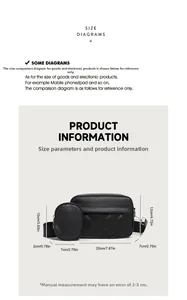Quilted crossbody bag set size chart with dimensions for the main pouch and mini coin bag