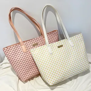 Pink and white large capacity tote bags with geometric circle patterns and gold hardware