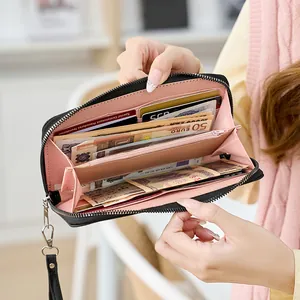 Quilted long leather wallet for ladies with large capacity card slots and wrist strap