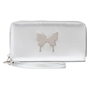 Silver metallic long wallet with butterfly ornament and wrist strap in minimalist design
