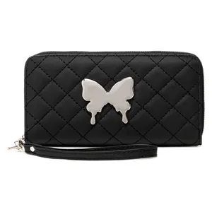 Quilted black long wallet for women with silver butterfly charm and wrist strap