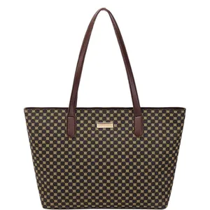 Classic dark brown geometric pattern tote bag with long handles and golden metal plaque