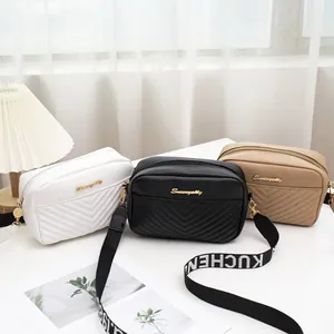 Women's Fashion V-Quilted PU Leather Camera Bag With Wide Jacquard Letter Strap Gold Metal Logo Urban Crossbody Bag