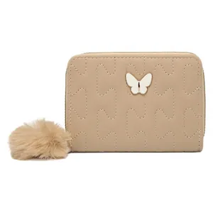 Quilted beige short wallet with butterfly metal clasp and soft faux fur pompom keychain