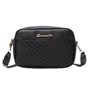 Fashionable black V-quilted shoulder bag with adjustable strap and golden logo