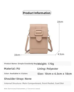 Tableau détaillé montrant les dimensions 10x4,5x18cm du sac de téléphone en cuir PU
