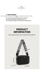 Tableau des tailles détaillé pour le sac à bandoulière en cuir avec dimensions et sangle