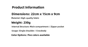 Spécifications de taille pour sac bandoulière femme avec dimensions 22cm x 15cm x 9cm