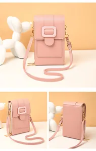 Mini sac pour téléphone en cuir PU rose à grain litchi avec double fermeture éclair et boucle