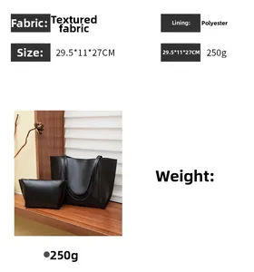 Paramètres de taille détaillés pour l'ensemble cabas en similicuir noir et sa pochette