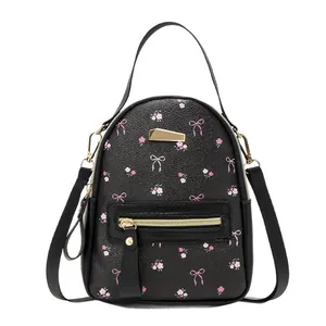 Mini sac à dos vintage en cuir PU noir avec imprimé floral et garnitures dorées