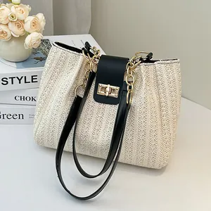 Chic contrast woven tote bag with leather flap and gold chain strap in beige and black