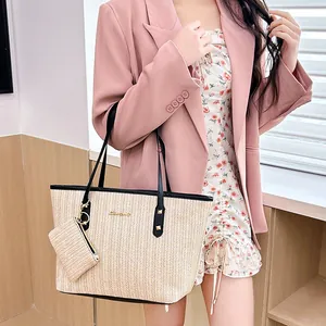 Large capacity straw woven tote bag two-piece set with shoulder strap in beige and black