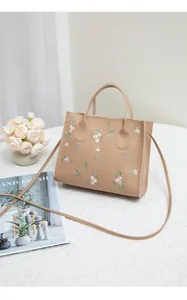 Close-up of elegant floral embroidery and dual handle detail on vintage style handbag