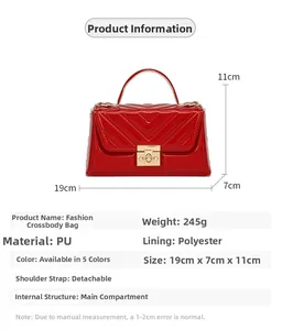 Detail view of red glossy PU leather bag with V-quilted pattern and gold lock size info