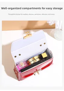 Detail showing the internal storage capacity for cosmetics in the red glossy handbag
