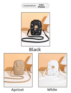 Detailed color display of embroidered small crossbody bags in black, apricot and white