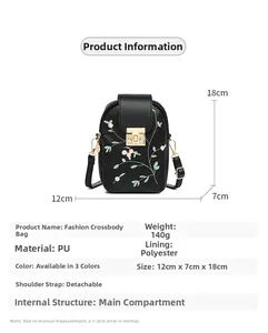Detailed size chart of black PU crossbody bag with floral embroidery and dimensions