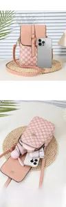 Pink crossbody phone bag with M-pattern jacquard and multi-compartment interior storage