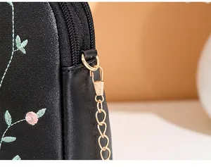 Close-up of pink flower embroidery and golden metal zipper on a black PU crossbody bag