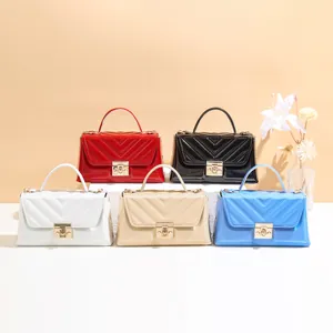 Women V-Quilted Shiny PU Leather Crossbody Bag With Gold Chain Shoulder Strap And Elegant Lock Closure Small Handbag