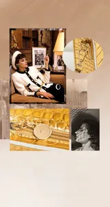 Detail der goldenen Handtasche mit Krokodilprägung, Metallreißverschluss und Schnalle