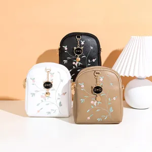 Women Elegant Floral Embroidery PU Leather Crossbody Bag Mini Square Shoulder Phone Bag With Chain Strap And Cat Charm
