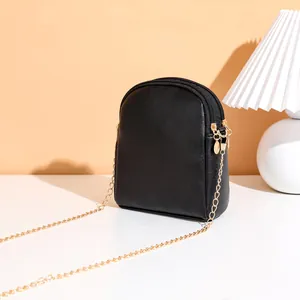 Floral embroidery black crossbody phone bag with double zippers and gold chain strap