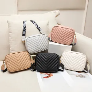 Women's Fashion V-Quilted Camera Bag PU Leather Crossbody Bag With Letter Print Wide Webbing Strap Small Square Bag