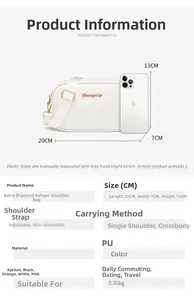 Detailed size comparison of a white wave embroidered crossbody bag with a smartphone