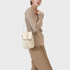 Chic beige crossbody phone bag with letter print and adjustable strap for women