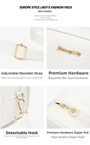 Detail of white wave quilted bag featuring gold metal hardware and leaf-shaped zipper pull