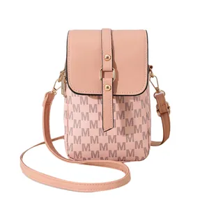 Pink vertical mini crossbody phone bag with M-letter print and gold metal buckle