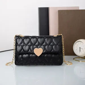 Heart Quilted PU Leather Chain Shoulder Bag For Women Gold Heart Lock Fashion Sweet Small Square Crossbody Daily Commuting Bag