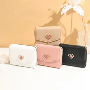 Women Short Wallet Sweet PU Leather Heart Decoration Trifold Purse With Pompom Keychain Zipper Coin Pocket Card Holder
