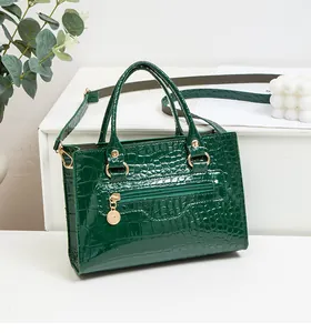 Details der dunkelgrünen Handtasche mit Krokodilmuster, Glanzfinish und Goldreißverschluss