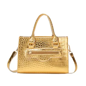 Glänzende goldene Handtasche mit Litschi-Textur, Doppelgriffen und Schultergurt