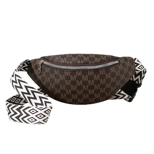 Retro letter print belt bag with wide geometric woven shoulder strap for women