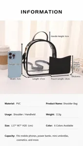Vista detallada de la mochila de PVC transparente con medidas y estuche extraíble