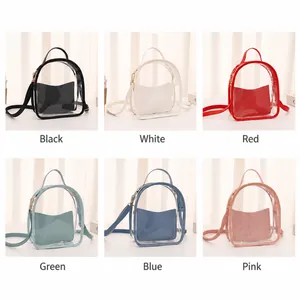 Vue en grille de mini sacs à dos en PVC transparent en six options de couleurs